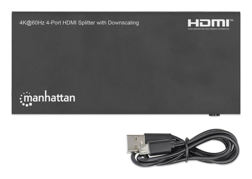 Manhattan HDMI Splitter with downscaling 4-Port , 4K@60Hz, Displays output from x1 HDMI source to x4 HD displays (same output to four displays), Downscale button to adjust a 4K input signal into 1080p, Micro-USB to USB-A power cable included (cable