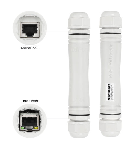 Intellinet Ultra Long Range Outdoor Fast Ethernet PoE+ Extender Kit Extends PoE up to 1000 m (3280 ft.), One PD Port up to 95 W, IEEE 802.3bt (4PPoE) Compatible, IP67 Waterproof and Dustproof, Set of Two Modules, Plastic, Gray