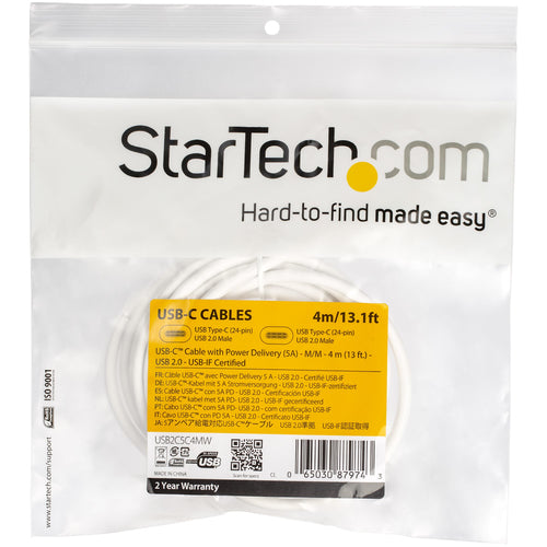 StarTech.com USB-C to USB-C Cable w/ 5A PD - M/M - White - 4 m (13 ft.) - USB 2.0 - USB-IF Certified