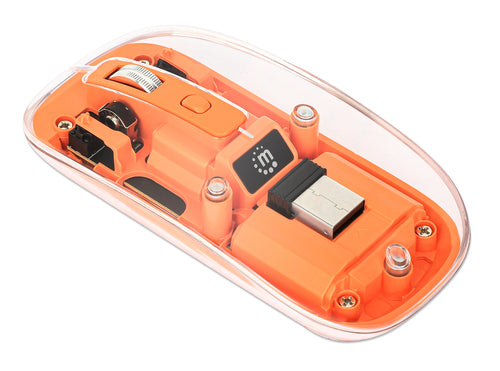 Manhattan Transparent Rechargeable Wireless Mouse, Clear/Orange, Adjustable 800/1200/1600dpi, With RGB LED light, 2.4Ghz (effective range up to 10m), USB, Optical, Ambidextrous, Four Button with Scroll Wheel, Slim Design, USB-A micro receiver, Lithium