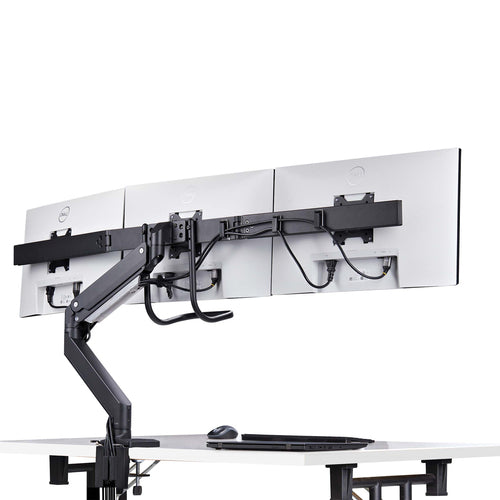 StarTech.com Crossbar Triple Monitor Desk Mount For Up To Three 27in Screens, VESA 75x75/100x100, Tool-Less Arm Adjustments, C-Clamp/Grommet, Spring-Assisted Arm