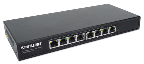 Intellinet 8-Port Gigabit Ethernet PoE+ Switch with PoE Passthrough, 1x Ultra PoE++ IEEE 802.3bt (4PPoE) PD PoE Port with 90 W Power Input, 7x PSE PoE Ports, PoE Power Budget up to 85W, IEEE 802.3at/af Compliant, Rackmount