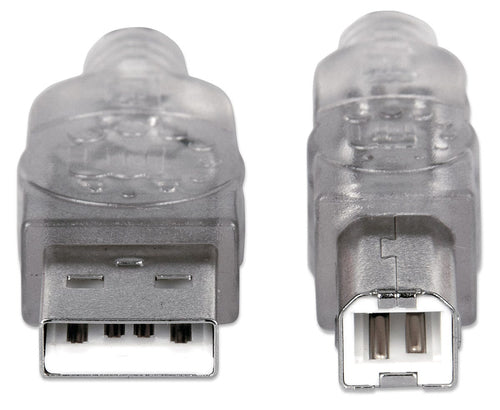Manhattan USB-A to USB-B Cable, 3m, Male to Male, Translucent Silver, 480 Mbps (USB 2.0), Hi-Speed USB, Lifetime Warranty, Equivalent to USB2AA2M (except colour).