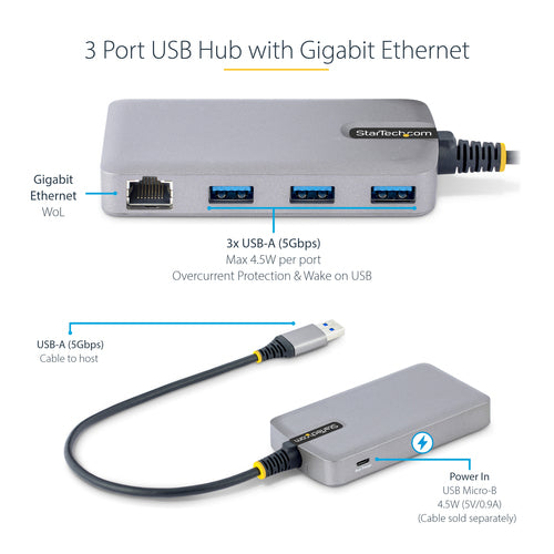 StarTech.com 3-Port USB Hub with Ethernet - 3x USB-A Ports - Gigabit Ethernet (RJ-45) - USB 3.0 5Gbps - Bus-Powered - 1ft/30cm Long Cable - Portable Laptop USB Hub Adapter w/ GbE