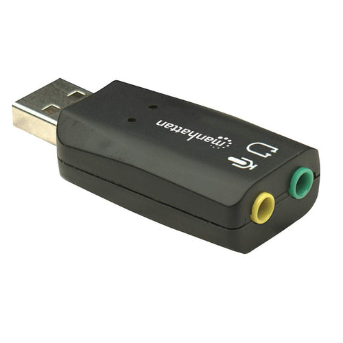 Manhattan USB-A Sound Adapter, USB-A to 3.5mm Mic-in and Audio-Out ports, 480 Mbps (USB 2.0), supports 3D and virtual 5.1 surround sound, Hi-Speed USB, Black, Three Year Warranty