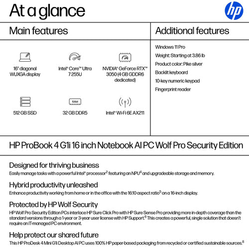 HP ProBook 4 G1i AI PC Wolf Pro Security Edition Intel Core Ultra 7 255U Laptop 40.6 cm (16") WUXGA 32 GB DDR5-SDRAM 512 GB SSD Wi-Fi 6E (802.11ax) Windows 11 Pro Silver
