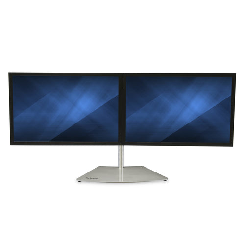 StarTech.com Dual Monitor Stand - Ergonomic Free Standing Dual Monitor Desktop Stand for two 24" VESA Mount Displays - Synchronized Height Adjustable - Double Monitor Pole Mount - Silver