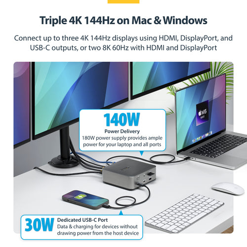 StarTech.com Thunderbolt 5 Universal Docking Station, Multi-Display Hub, 8K 60Hz or 4K 144Hz, 120Gbps Bandwidth Boost, 140W PD, 30W Phone Charging, USB 10Gbps, 2.5G LAN
