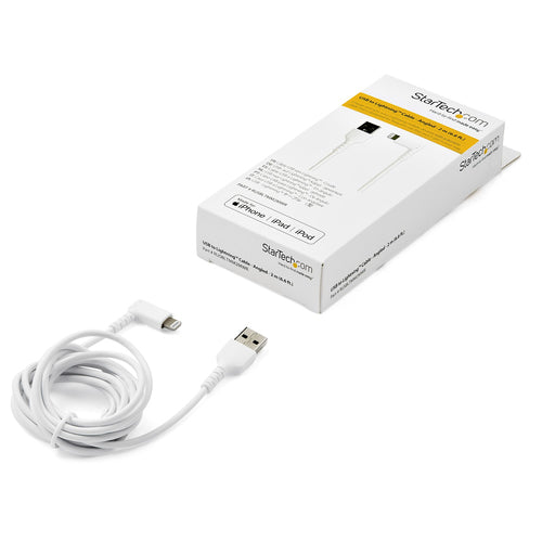 StarTech.com 6ft (2m) Durable USB A to Lightning Cable - White 90° Right Angled Heavy Duty Rugged Aramid Fiber USB Type A to Lightning Charging/Sync Cord - Apple MFi Certified - iPhone