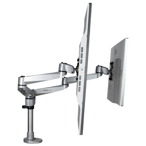 StarTech.com Desk Mount Dual Monitor Arm - Premium Articulating Monitor Arm - up to 30” VESA Mount Displays - Height Adjustable Monitor Mount - Rotate/Tilt/Swivel - Clamp/Grommet - Silver
