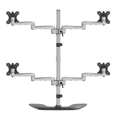 StarTech.com Desktop Quad Monitor Stand - Ergonomic VESA 4 Monitor Arm (2x2) up to 32" - Free Standing Articulating Universal Pole Mount - Height Adjustable/Tilt/Swivel/Rotate - Silver