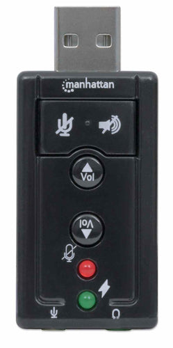 Manhattan USB-A Sound Adapter, USB-A to 3.5mm Mic-in and Audio-Out ports, 480 Mbps (USB 2.0), 7.1-Channel Virtual 3D Surround Sound, Internal Amplifier and Volume Controls, Hi-Speed USB, Three Year Warranty, Equivalent to ICUSBAUDIO7.