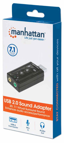 Manhattan USB-A Sound Adapter, USB-A to 3.5mm Mic-in and Audio-Out ports, 480 Mbps (USB 2.0), 7.1-Channel Virtual 3D Surround Sound, Internal Amplifier and Volume Controls, Hi-Speed USB, Three Year Warranty, Equivalent to ICUSBAUDIO7.
