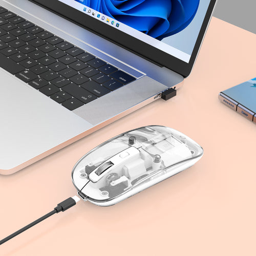 Manhattan Transparent Rechargeable Wireless Mouse, Clear/White, Adjustable 800/1200/1600dpi, With RGB LED light, 2.4Ghz (effective range up to 10m), USB, Optical, Ambidextrous, Four Button with Scroll Wheel, Slim Design, USB-A micro receiver, Lithium Ion
