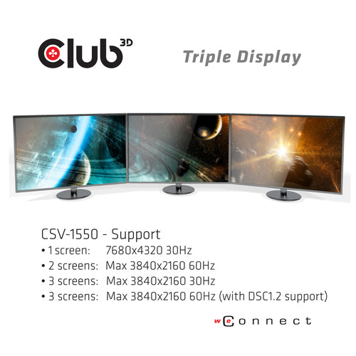 CLUB3D USB Type C 3.2 Gen 1 Multi Stream Transport (MST)Hub DisplayPort1.4 Triple Monitor