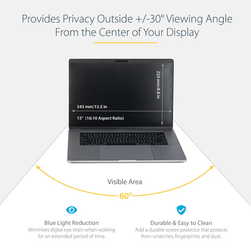 StarTech.com Laptop Privacy Screen for 15 inch MacBook Pro & MacBook Air - Magnetic Removable Security Filter - Blue Light Reducing Screen Protector 16:10 - Matte/Glossy - +/-30 Degree