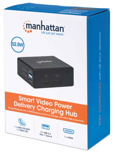 Manhattan Smart Video Multiport Dock, Ports (x5): HDMI Port, USB-A (x2), USB-C (x2), With Power Delivery to USB-C Port, Internal Power Supply, Ultra-Compact, Detachable Power Cable, Black, Three Year Warranty, Retail Box