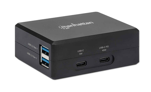 Manhattan Smart Video Multiport Dock, Ports (x5): HDMI Port, USB-A (x2), USB-C (x2), With Power Delivery to USB-C Port, Internal Power Supply, Ultra-Compact, Detachable Power Cable, Black, Three Year Warranty, Retail Box