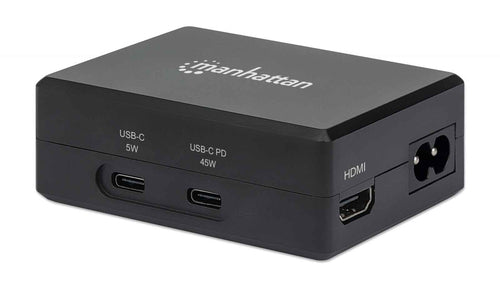 Manhattan Smart Video Multiport Dock, Ports (x5): HDMI Port, USB-A (x2), USB-C (x2), With Power Delivery to USB-C Port, Internal Power Supply, Ultra-Compact, Detachable Power Cable, Black, Three Year Warranty, Retail Box