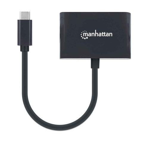 Manhattan USB-C to VGA and USB-C (inc Power Delivery), 1080p@60Hz, 19.5cm, Black, Power Delivery to USB-C Port (60W), Equivalent to CDP2VGAUCP, Male to Female, Lifetime Warranty, Retail Box