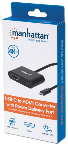 Manhattan USB-C to HDMI and USB-C (inc Power Delivery), 4K@60Hz, 19.5cm, Black, Power Delivery to USB-C Port (60W), Male to Females, Lifetime Warranty, Equivalent to CDP2HDUCP