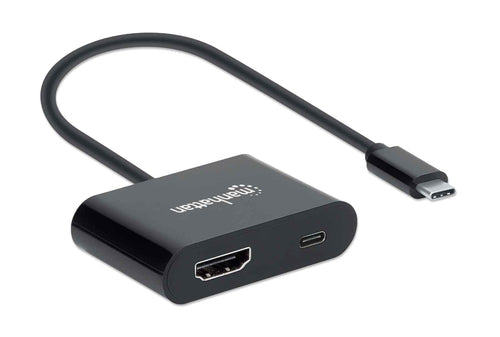 Manhattan USB-C to HDMI and USB-C (inc Power Delivery), 4K@60Hz, 19.5cm, Black, Power Delivery to USB-C Port (60W), Male to Females, Lifetime Warranty, Equivalent to CDP2HDUCP
