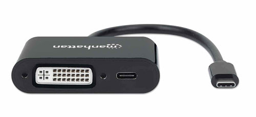 Manhattan USB-C to DVI-I and USB-C (inc Power Delivery), 1080p@60Hz, 19.5cm, Black, Power Delivery to USB-C (60W), Male to Females, Equivalent to CDP2DVIUCP, Compatible with DVD-D, Lifetime Warranty, Box