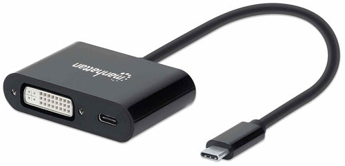 Manhattan USB-C to DVI-I and USB-C (inc Power Delivery), 1080p@60Hz, 19.5cm, Black, Power Delivery to USB-C (60W), Male to Females, Equivalent to CDP2DVIUCP, Compatible with DVD-D, Lifetime Warranty, Box