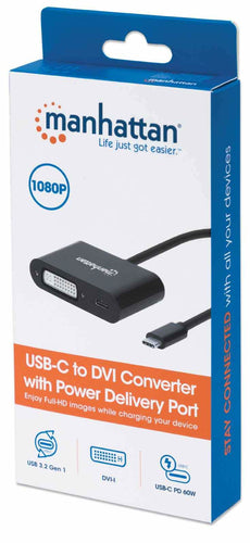 Manhattan USB-C to DVI-I and USB-C (inc Power Delivery), 1080p@60Hz, 19.5cm, Black, Power Delivery to USB-C (60W), Male to Females, Equivalent to CDP2DVIUCP, Compatible with DVD-D, Lifetime Warranty, Box