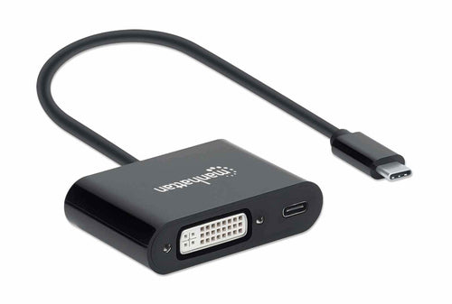 Manhattan USB-C to DVI-I and USB-C (inc Power Delivery), 1080p@60Hz, 19.5cm, Black, Power Delivery to USB-C (60W), Male to Females, Equivalent to CDP2DVIUCP, Compatible with DVD-D, Lifetime Warranty, Box