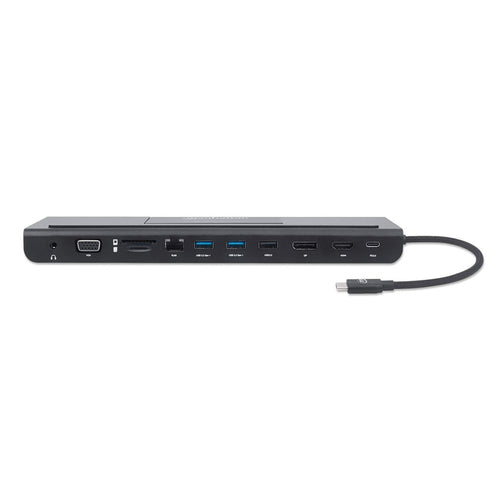 Manhattan USB-C Dock/Hub with Card Reader and MST, Ports (x9): Audio 3.5mm, DisplayPort, Ethernet, HDMI, USB-A (x3), USB-C and VGA, With Power Delivery (100W) to USB-C Port (Note add USB-C wall charger and USB-C cable needed),All Ports can be used at the