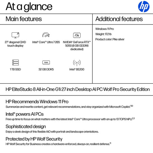 HP EliteStudio 8 G1i AI PC Wolf Pro Security Edition Intel Core Ultra 7 265 68.6 cm (27") 2560 x 1440 pixels Touchscreen All-in-One PC 32 GB DDR5-SDRAM 1 TB SSD Windows 11 Pro Wi-Fi 7 (802.11be) Silver