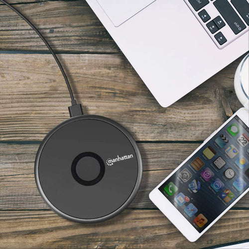 Manhattan Smartphone Wireless Charging Pad, QI certified, 10W, 7.5W and 5W charging, USB-C to USB-A cable included, USB-C input into pad, Cable 1.5m, Black, Three Year Warranty, Boxed