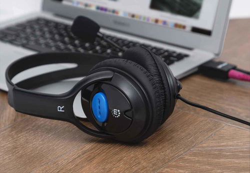 Manhattan Stereo Headset, Lightweight, adjustable microphone, in-line volume control, padded cloth ear cushions, two 3.5mm jack input plugs, cable 2m, Black, 3 year warranty