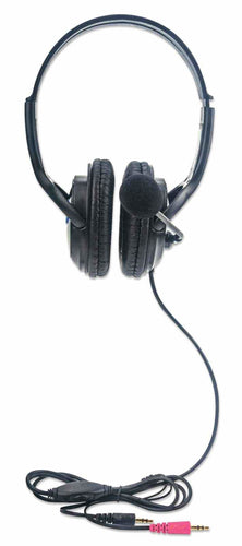 Manhattan Stereo Headset, Lightweight, adjustable microphone, in-line volume control, padded cloth ear cushions, two 3.5mm jack input plugs, cable 2m, Black, 3 year warranty