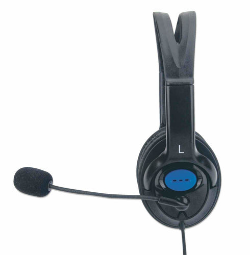 Manhattan Stereo Headset, Lightweight, adjustable microphone, in-line volume control, padded cloth ear cushions, two 3.5mm jack input plugs, cable 2m, Black, 3 year warranty