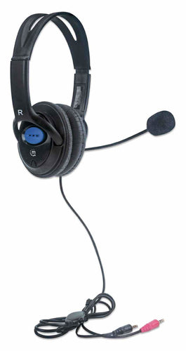 Manhattan Stereo Headset, Lightweight, adjustable microphone, in-line volume control, padded cloth ear cushions, two 3.5mm jack input plugs, cable 2m, Black, 3 year warranty