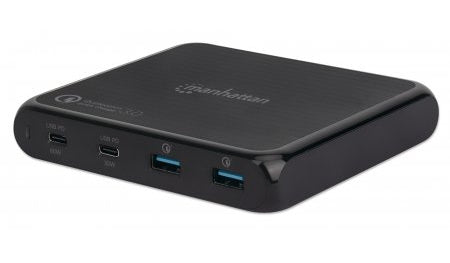 Manhattan Charging Station, 2x USB-C and 2x USB-A Ports, USB-C Outputs: 1x 60W and 1x 30W, USB-A Outputs: 2x 18W (Qualcomm Quick Charge), Stand & 3M tape (under desk mounting) included, Cable 1m, Black (Power Cable: Euro 2-pin plug to C7 figure-of-8