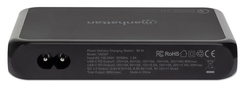 Manhattan Charging Station, 2x USB-C and 2x USB-A Ports, USB-C Outputs: 1x 60W and 1x 30W, USB-A Outputs: 2x 18W (Qualcomm Quick Charge), Stand & 3M tape (under desk mounting) included, Cable 1m, Black (Power Cable: Euro 2-pin plug to C7 figure-of-8