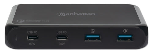 Manhattan Charging Station, 2x USB-C and 2x USB-A Ports, USB-C Outputs: 1x 60W and 1x 30W, USB-A Outputs: 2x 18W (Qualcomm Quick Charge), Stand & 3M tape (under desk mounting) included, Cable 1m, Black (Power Cable: Euro 2-pin plug to C7 figure-of-8