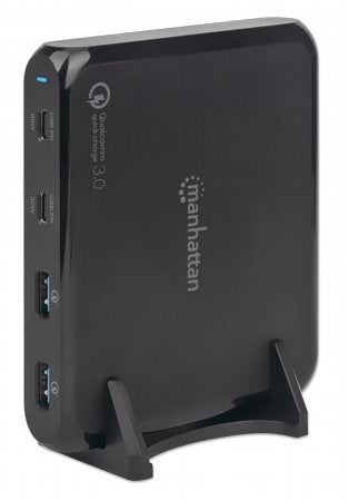 Manhattan Charging Station, 2x USB-C and 2x USB-A Ports, USB-C Outputs: 1x 60W and 1x 30W, USB-A Outputs: 2x 18W (Qualcomm Quick Charge), Stand & 3M tape (under desk mounting) included, Cable 1m, Black (Power Cable: Euro 2-pin plug to C7 figure-of-8