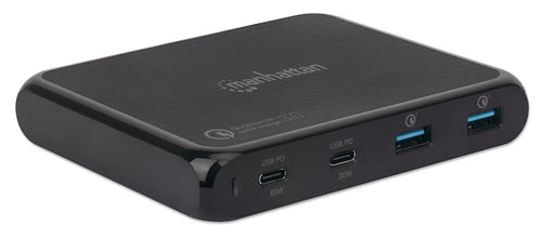 Manhattan Charging Station, 2x USB-C and 2x USB-A Ports, USB-C Outputs: 1x 60W and 1x 30W, USB-A Outputs: 2x 18W (Qualcomm Quick Charge), Stand & 3M tape (under desk mounting) included, Cable 1m, Black (Power Cable: Euro 2-pin plug to C7 figure-of-8