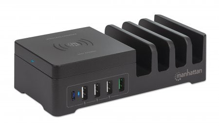 Manhattan Charging Station with Wireless Charging Pad (detachable), 1x Wireless, 1x USB-C and 4x USB-A Ports, Wireless Output: 2A, USB-C Output: 3A, USB-A Outputs: 1x 3A and 3x 2.4A max, Cable 1m, Black (Power Cable: Euro 2-pin plug to C7 figure-of-8