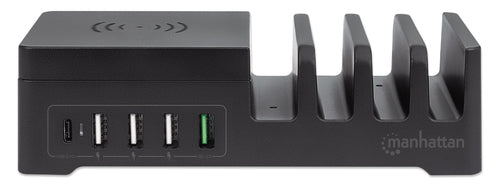 Manhattan Charging Station with Wireless Charging Pad (detachable), 1x Wireless, 1x USB-C and 4x USB-A Ports, Wireless Output: 2A, USB-C Output: 3A, USB-A Outputs: 1x 3A and 3x 2.4A max, Cable 1m, Black (Power Cable: Euro 2-pin plug to C7 figure-of-8