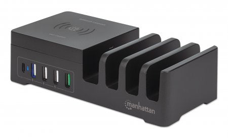 Manhattan Charging Station with Wireless Charging Pad (detachable), 1x Wireless, 1x USB-C and 4x USB-A Ports, Wireless Output: 2A, USB-C Output: 3A, USB-A Outputs: 1x 3A and 3x 2.4A max, Cable 1m, Black (Power Cable: Euro 2-pin plug to C7 figure-of-8