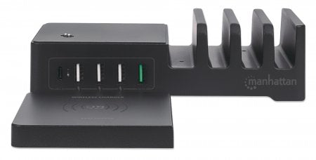Manhattan Charging Station with Wireless Charging Pad (detachable), 1x Wireless, 1x USB-C and 4x USB-A Ports, Wireless Output: 2A, USB-C Output: 3A, USB-A Outputs: 1x 3A and 3x 2.4A max, Cable 1m, Black (Power Cable: Euro 2-pin plug to C7 figure-of-8