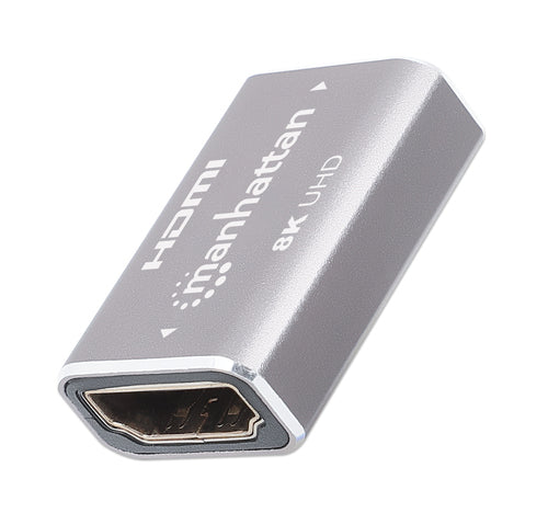 Manhattan HDMI Coupler, 8K@60Hz (Ultra High Speed), Female to Female, Straight Connection, Silver, 4K@120Hz, Connect HDMI cables up to 5m on each side, Works with all HDMI devices, Lifetime Warranty