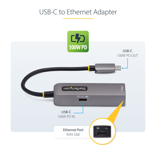 StarTech.com USB-C to Ethernet Adapter, NIC, 100W PD Pass-Through, USB 3.0 Type-C 1Gbps Multi Speed Network Adapter, Thunderbolt Compatible, Windows & Mac