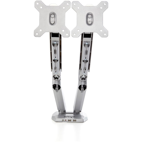 StarTech.com Desk Mount Dual Monitor Arm with USB & Audio - Desk Clamp VESA Mount for up to 32 inch Displays - 2x USB, 2x 3.5mm audio - Ergonomic Full Motion Dual Monitor Arm - Silver
