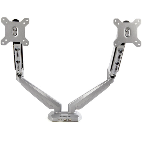 StarTech.com Desk Mount Dual Monitor Arm with USB & Audio - Desk Clamp VESA Mount for up to 32 inch Displays - 2x USB, 2x 3.5mm audio - Ergonomic Full Motion Dual Monitor Arm - Silver